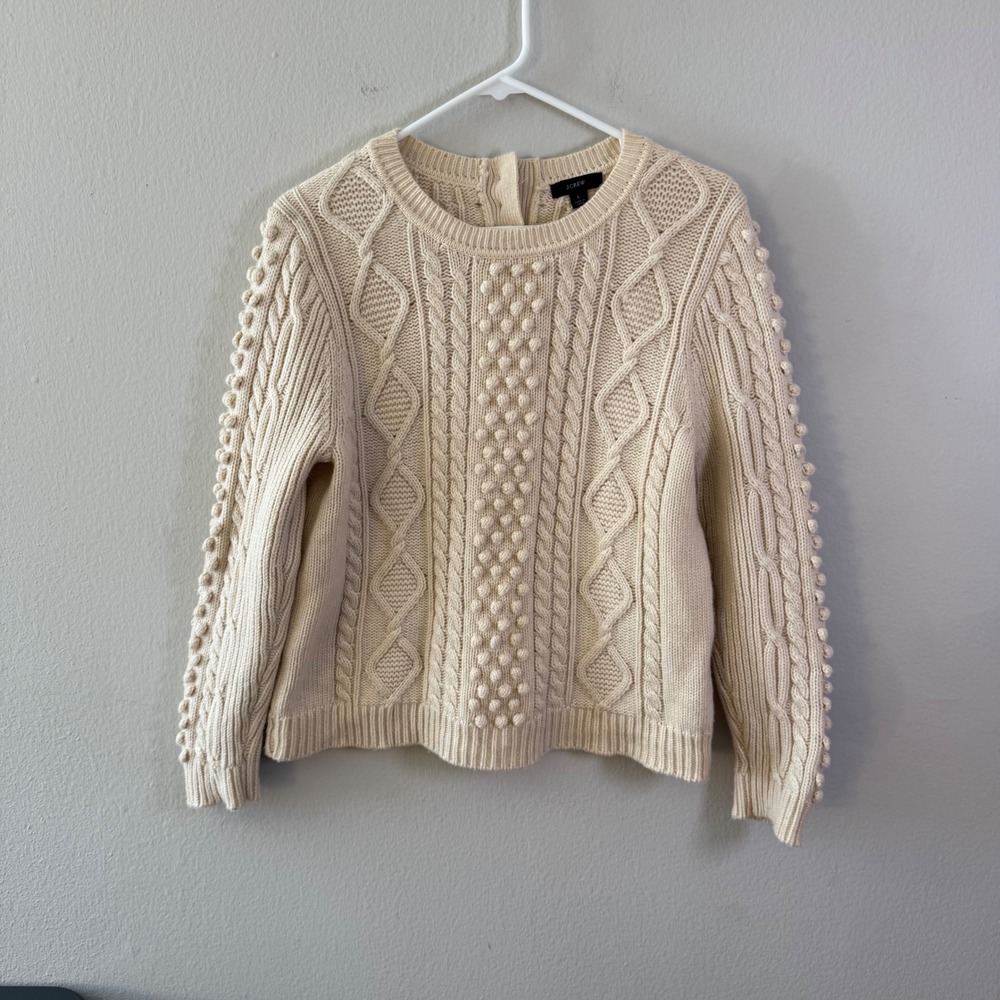 J.Crew Womens Cream Cable Knit Bobble Wool Blend Sweater Button Back Large